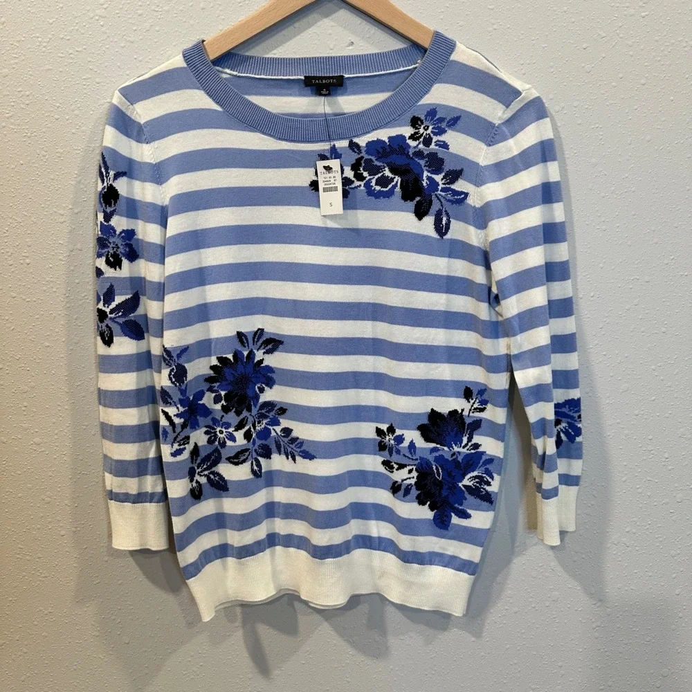 Talbots‎ Sweater Women S Blue Striped Floral 3/4 Sleeve Cotton Blend Preppy NWT